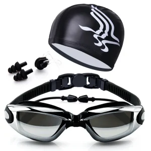 Swim Goggles Set with Earplugs Nose Clip Cap Anti-Fog Silicone Swimming Glasses